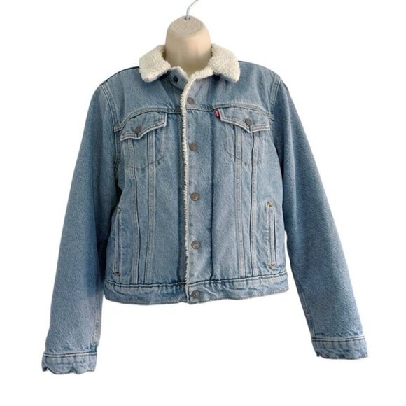 Levi's Women's Sz M Sherpa Lined Cropped Denim Trucker Jacket - Picture 2 of 13